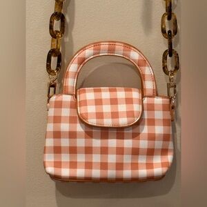 House of Want Gingham Mini Bag Tan White Checkered Faux Leather Tortoise Chain